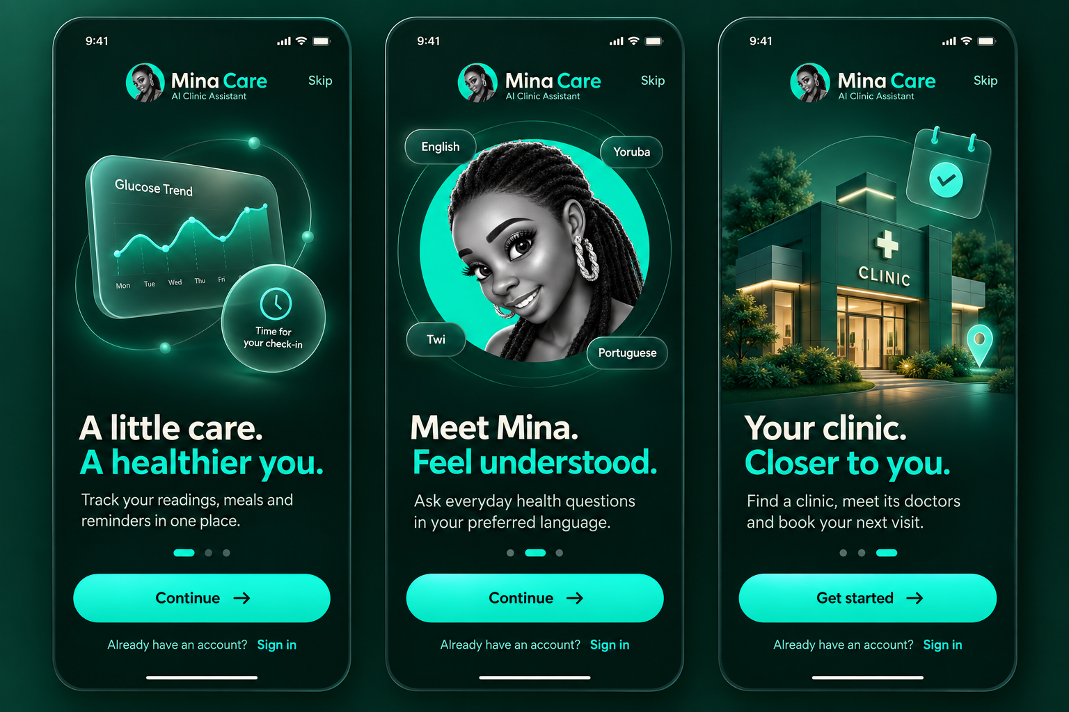 Mina Care onboarding: health tracking, Mina guidance and clinic appointments.
